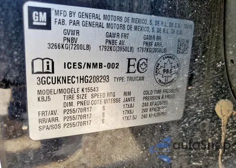 2017 Chevrolet Silverado K1500 from USA, damaged, VIN 3GCUKNEC1HG208293